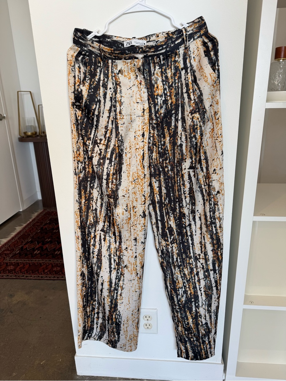 Zara Cream Wide Leg Trousers with Black and Gold Abstract Print